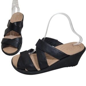 Crocs A-Leigh Criss Cross Leather Strap Wedge Sandals Black Tan Women 9 202991